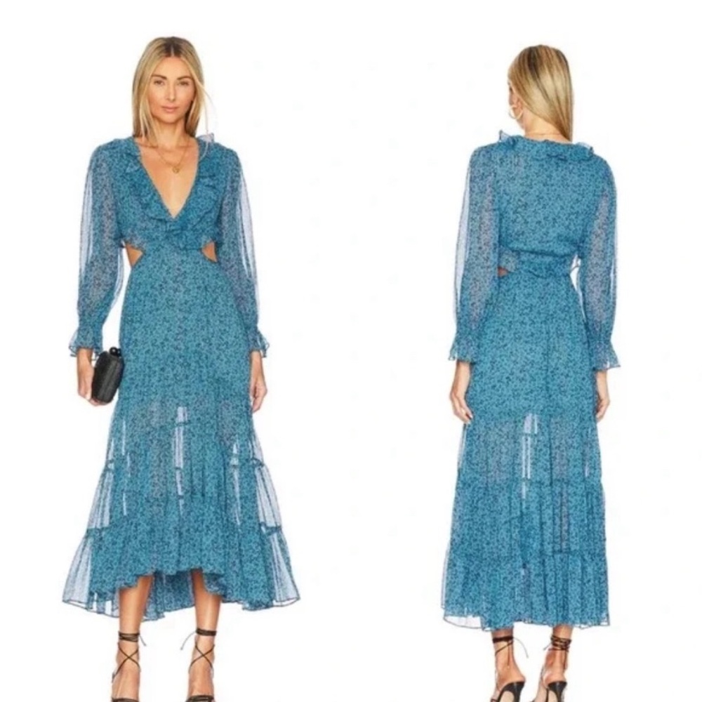 MISA WOMENS MAXI DRESS CUTOUT SIDES AMELIA FLORAL PRINT BLUE Small